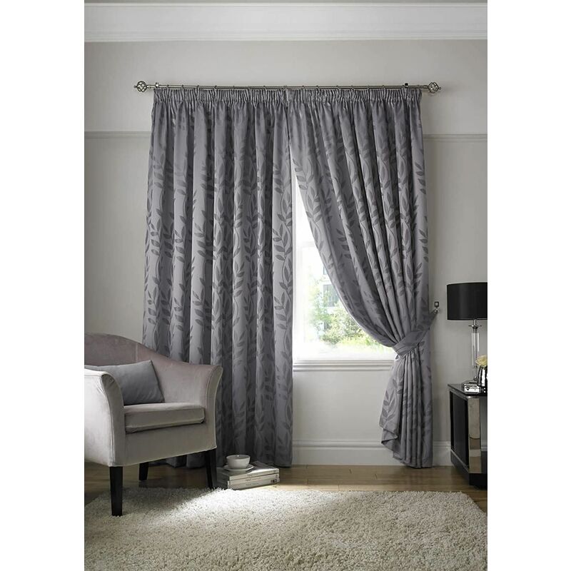 Tivoli, Silver Lined Curtains, Trailing Leave Floral Jacquard Design, Ready Made Eyelet Curtain Pairs, 90' x 90'