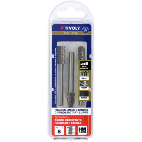 Tivoly – Coffret de 3 fraises limes rotatives carbure Ø 8mm – Denture brise copeaux – Queue cylindrique 6mm pour métaux et matériaux composites