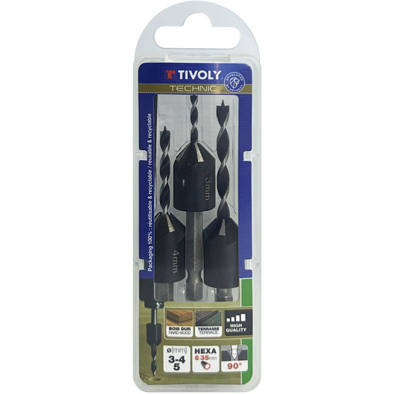 Tivoly • 3 mèches & fraises à 90° bois queue hexagonale • Contient Forets-Fraises Ø3-4-5mm + 1 clé Allen
