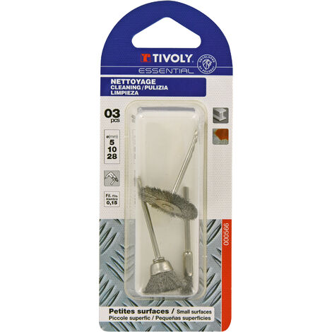 Tivoly • 3 Mini-Brosses : Pinceau-Coupe-Circulaire • Fil Acier Ondulé • Ø5mm / Ø10mm / Ø28mm • Queue cylindrique Ø2,3mm