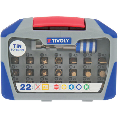 Tivoly • Box mit 22 Stück TIN Torsion-Schraubendreherbits, enthält 3 PZ, 3PH, 7TX, 4HEX, 4FE, 1 Bithalter