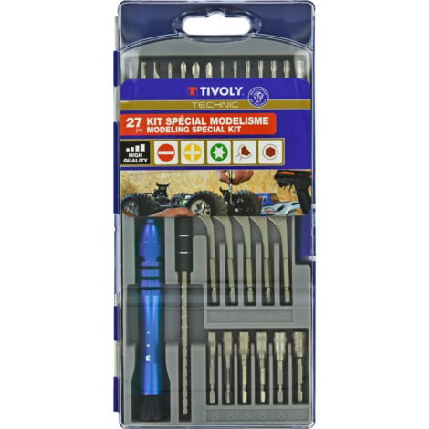 Tivoly • Box mit 27 Teilen – 14 Modellbits + 5 Schraubenschlüssel + 6 Spannmuttern + 1 Verlängerung + 1 Bithalter – PRÄZISION