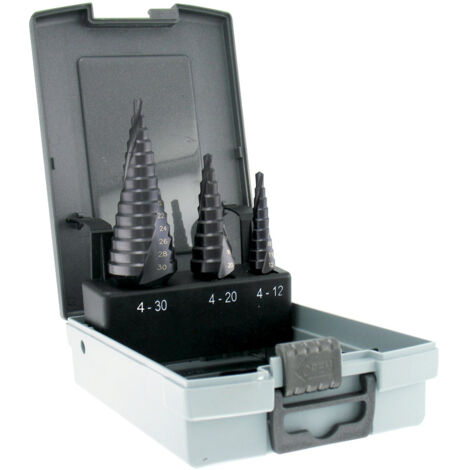 Tivoly • Box mit 3 selbstzentrierenden HSS-Stufenkonusbohrern • Spiralnuten • Ø4mm bis Ø12mm / Ø4mm bis Ø20mm / Ø4mm bis Ø30mm • Lange Lebensdauer • 3 flache Schäfte • Für die Bearbeitung von widersta