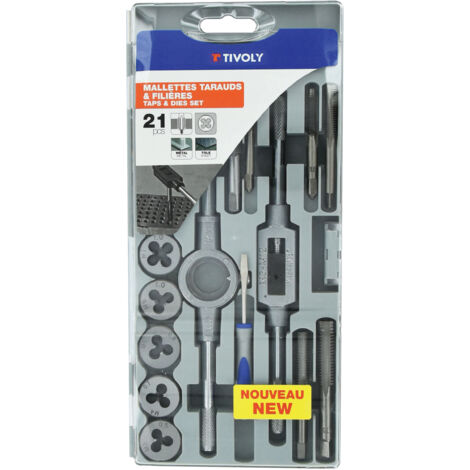 Tivoly • Caja de 21 piezas - 9 machos M3 a M12 + 9 matrices M3 a M12 + 1 destornillador + 1 portamachos + 1 portamatriz