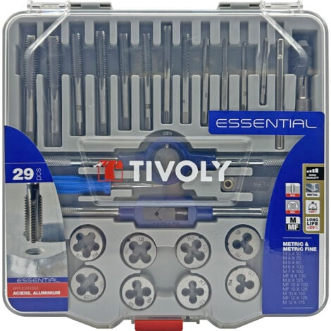 Tivoly • Caja de 29 piezas - 12 machos + 12 matrices M3 a M12 + 2 vueltas a izquierdas + 1 portamatriz 25,4 + accesorios