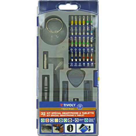 Tivoly • Caja de 32 piezas Apertura y Reparación de Smartphone que contiene las puntas para tornillos pentalobe para iPhone 4 a 14, una ventosa, unos alicates de precisión y todas las herramientas par