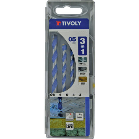 Tivoly • Caja de 5 brocas multimaterial 3 en 1 Ø 3 a 8 mm