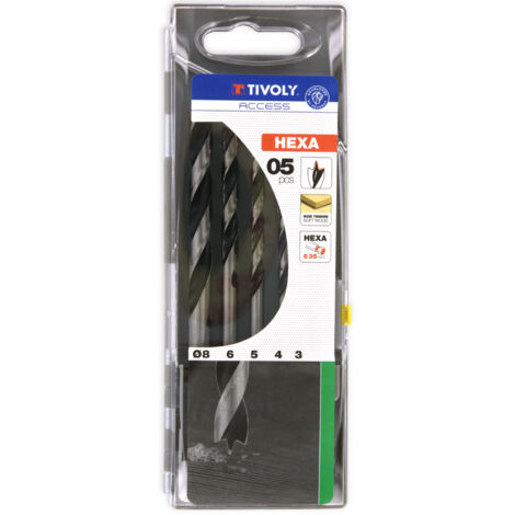 Tivoly • Caja de 5 brocas para madera de 3 puntas con vástago extra hexagonal de 6,35 mm y contenido de Ø3-4-5-6-8 mm