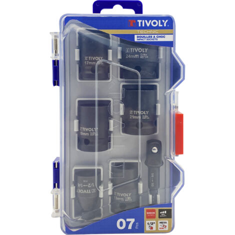 Tivoly • Caja de 7 vasos de impacto y accesorios de 1/2"