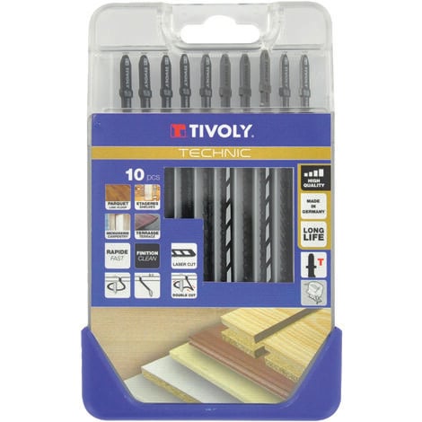 Tivoly • Coffret 10 lames de scie sauteuse pour le bois et mélaminés -Attache T