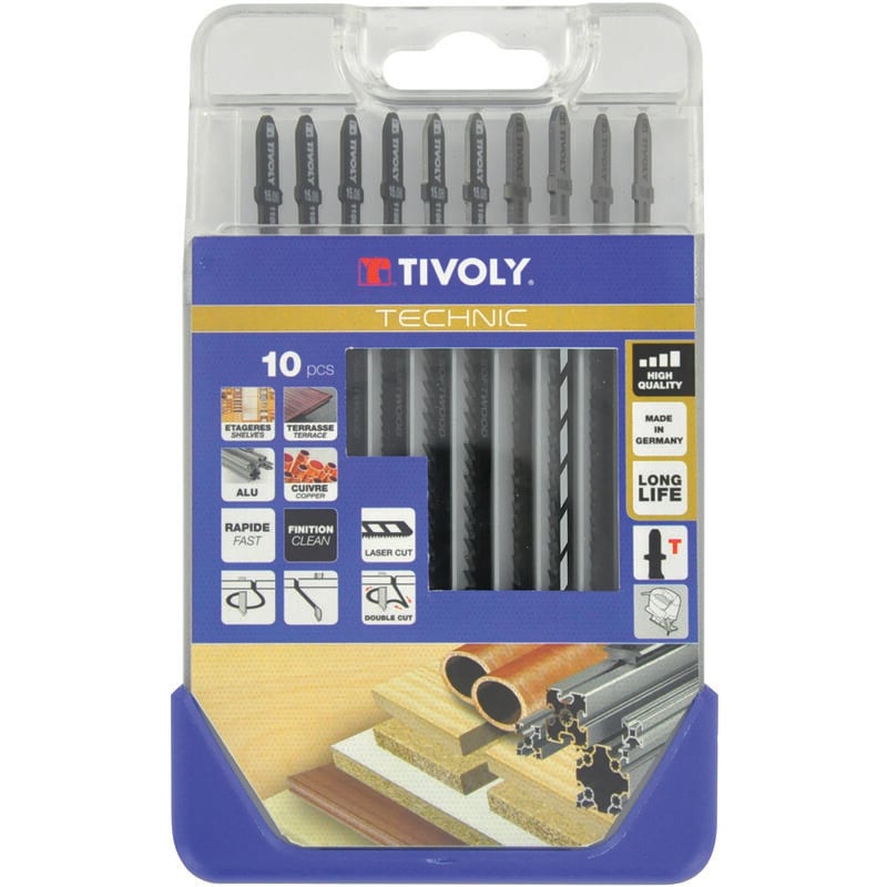 Coffret 10 lames de scie sauteuse pour le bois, mélaminés et métaux non ferreux -Attache t - Tivoly