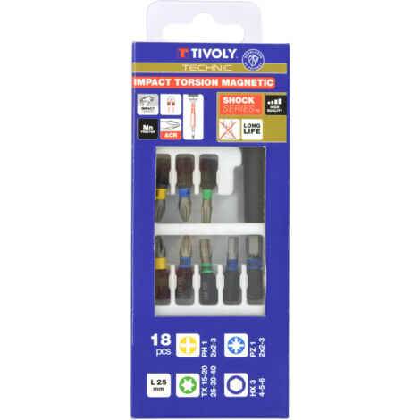 Tivoly • Coffret 18 pcs Lg 25- 17 embouts Torsion Impact ACR & Magnetique + 1 porte embout magnétique impact
