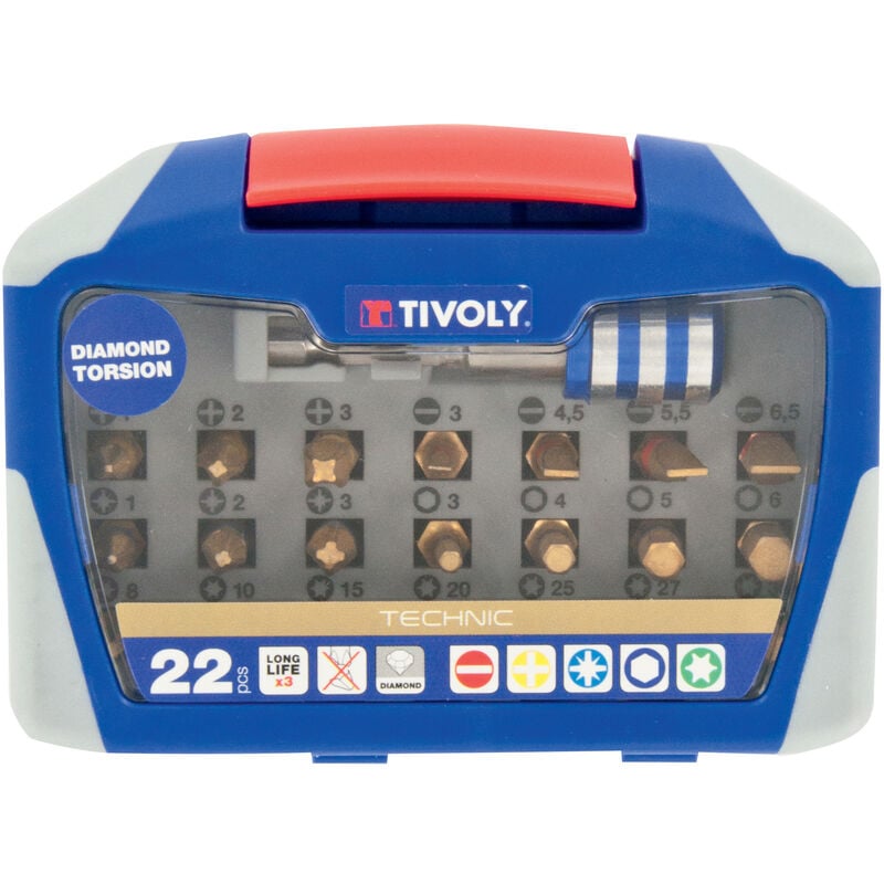 Tivoly - Coffret 22 pièces -21 embouts torsion diamant + 1 porte-embout magnétique quick change