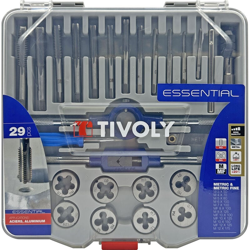 Tivoly - Coffret 29 pièces -12 tarauds + 12 filières M3 à M12 + 2 tournes à gauche + 1 porte-filière 25,4 + accessoires