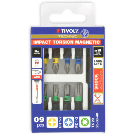 Tivoly • Coffret 9 pcs Lg 25- 8 embouts Torsion Impact ACR & Magnetique + 1 porte embout magnétique impact