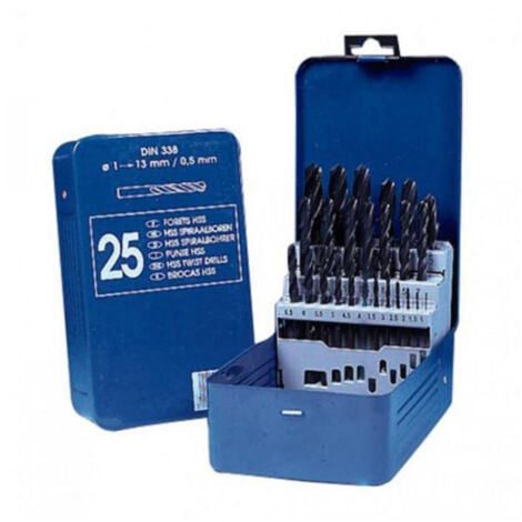 Tivoly – Coffret de 25 forets HSS laminés – Queue cylindrique – Plage de diamètres 1 à 13 mm – Pour perçage acier non allié