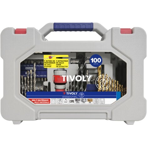 Tivoly • Coffret Forets + Embouts + Extracteurs - Mallette 100 Pièces : 14 Forets Métaux, 8 Forets Bois et 4 Mèches Bois, 7 Forets Béton, 4 Extracteurs, 50 Embouts de Vissage et Autres Accessoires