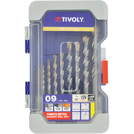 Tivoly – Coffret de forets pour perceuse – 9 forets béton SLR Ø 3 à 12mm – Haute performance pour béton armé – Graduation précise - 12mmTechnic