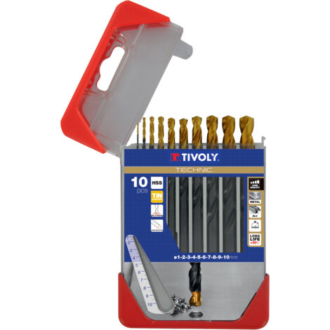 Tivoly • Confezione da 10 punte per metallo HSS STEAM rivestite TiN, taglio rettificato, punta a croce, gambo con 3 superfici, Ø da 1 a 10 mm