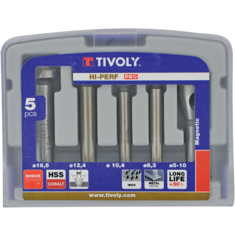 Tivoly • Confezione da 4 svasatori DIN 335C HSS Cobalto 5% a 90° Ø da 8,3 a 16,5 mm + 1 fresa per sbavatura 5-10
