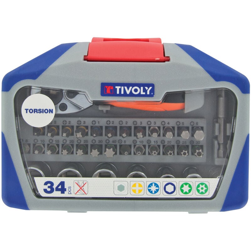 Tivoly - Coffret 34 pièces -19 embouts torsion + 7 douilles + 1 porte-douille + 1 poignée de vissage