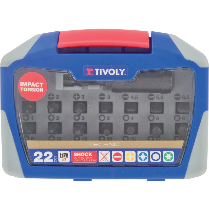 Tivoly - Coffret d'Embouts de Vissage Standard 22 pièces • 21 Embouts de Vissage Torsion Impact + 1 Porte-Embout Magnétique Impact • Attache