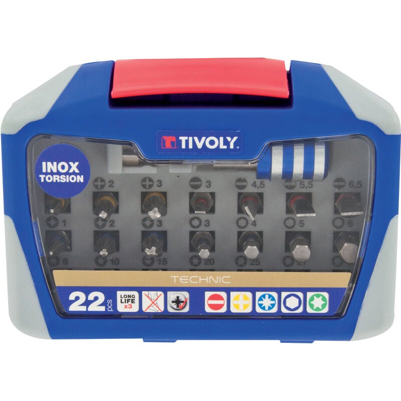 Tivoly • Coffret d'Embouts de Vissage Inox Torsion 22 pièces • 21 Embouts de Vissage + 1 Porte-Embout Magnétique Quick Change • Attache Hexagonale
