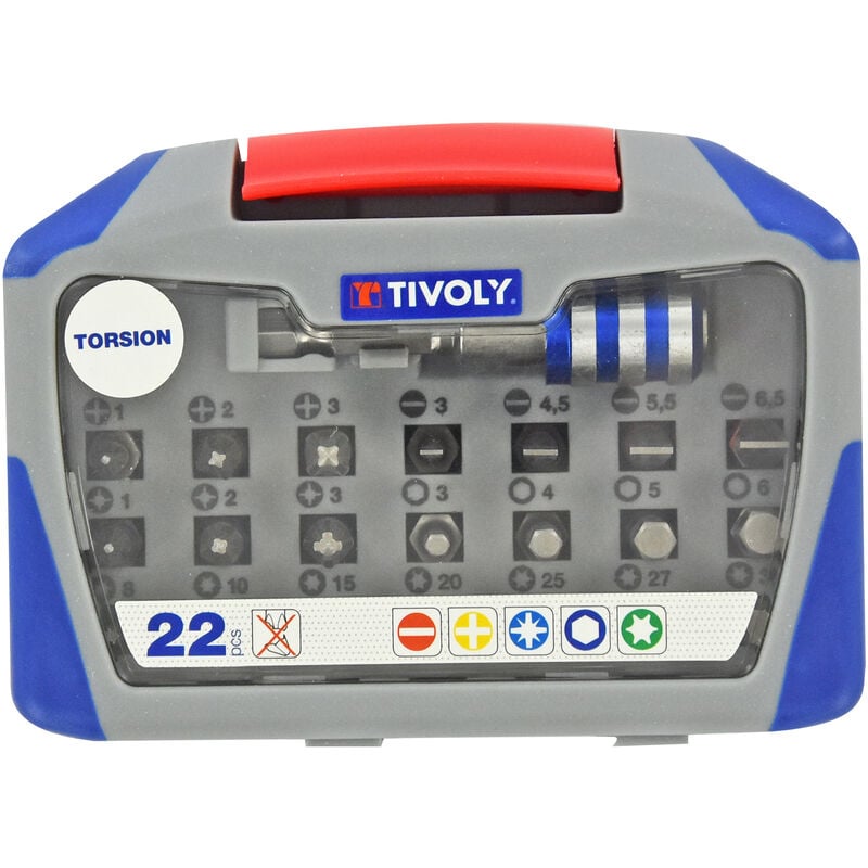 Tivoly - Coffret d'Embouts de Vissage Torsion 22 pièces • 21 Embouts de Vissage + 1 Porte-Embout Magnétique Quick Change • Attache Hexagonale Ø6,35mm
