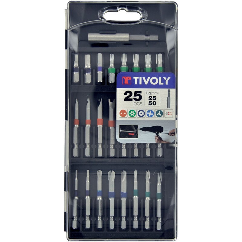 Tivoly - Coffret d'Embouts de Vissage Standard & Torsion 25 pièces • 24 Embouts de Vissage Longs et Bagués + 1 Porte-Embout Magnétique • Attache