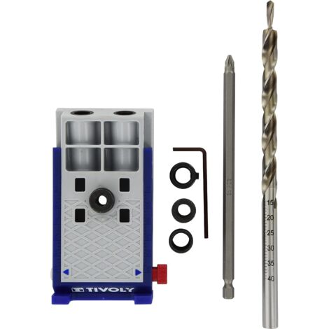 Tivoly • Kit de montaje invisible de 68 piezas, con guía de ángulo de 15°, broca escalonada de Ø9,5x200 mm, broca para tornillos Pz2 LG de 150 mm, 30 tacos, 30 tornillos para madera