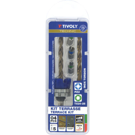 Tivoly • Kit para terraza • Broca Ø5mm con avellanador • Broca y avellanador 2 en 1 Madera-Metal • 3 puntas para atornillar de acero inoxidable • Broca de repuesto incluida • Tope de profundidad ajust