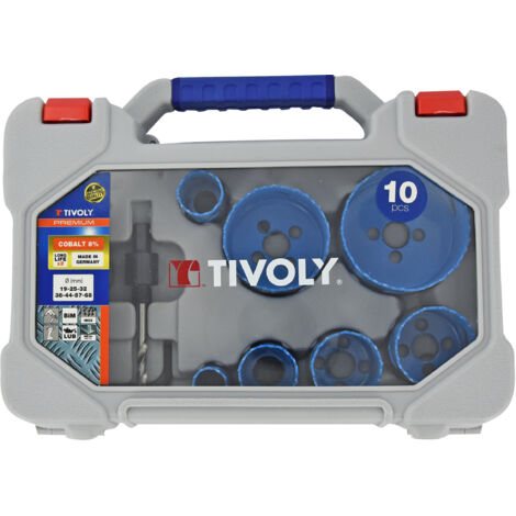 Tivoly • Koffer mit 10 Teilen – 7 Bimetall-Lochsägen aus Kobalt 8 % Ø 19 bis 68 mm + 2 Führungsspitzen + 1 Inbusschlüssel