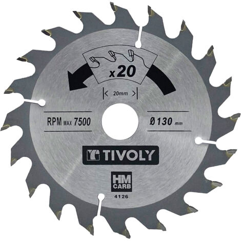 Tivoly • Kreissägeblatt • Ø130 mm • 20 Hartmetallzähne • Hervorragende Oberfläche • Für tragbare Sägen • Zum Schneiden von Holz • Zum Schneiden von Gips