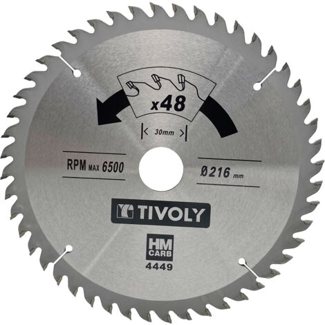 Tivoly • Lama per sega circolare • Ø216mm • 48 denti in metallo duro • Finitura eccellente • Per tagliare legno duro • Per tagliare legno laminato