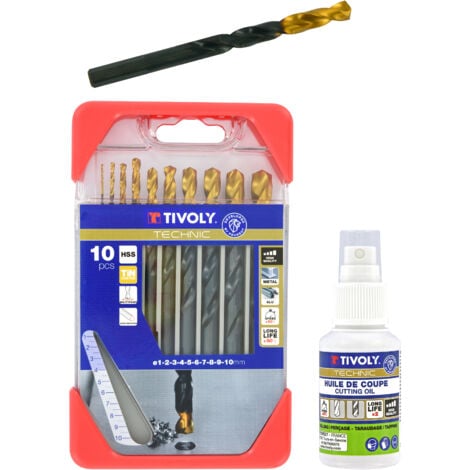Tivoly • Lot de 1 coffret de 10 forets métaux HSS STEAM revêtus TiN taillés meulés pointe en croix queue à 3 méplats Ø 1 à 10mm + Huile de coupe biodégradable 70% (50 ml)