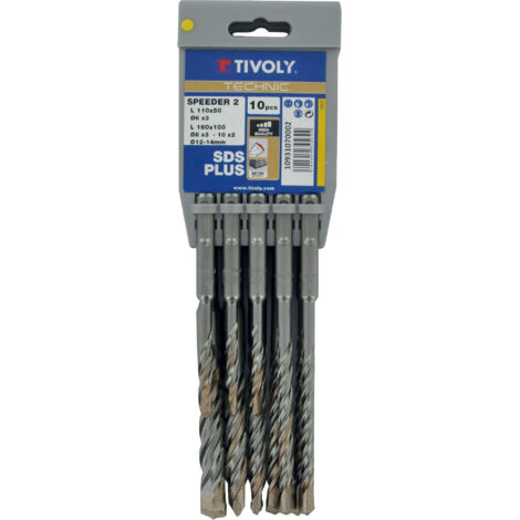 Tivoly • Lot de 10 forets SPEEDER2 SDS+ 2 taillants L 110- 160mm Ø 6 à 14mm