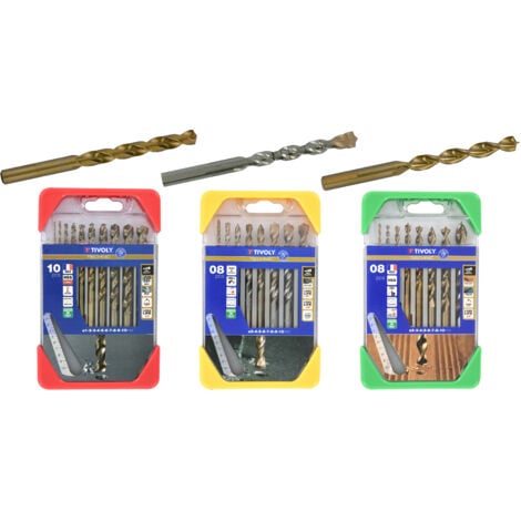 Tivoly • Lot de 3 coffrets clipster TECHNIC : 1 coffret de forets métal cobalt 5% gradués 10pcs Ø 1 à 10mm + 1 coffret de forets béton gradués 8pcs Ø3 à 10mm + 1 coffret de mèches bois 3 pointes grad