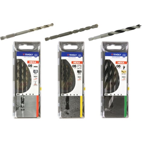 Tivoly • Lot de 3 coffrets hexa : 1 coffret de forets métal queue hexa 5pcs Ø 2 à 6mm + 1 coffret de forets béton queue hexa 5pcs Ø3 à 8mm + 1 coffret de mèches bois 3 pointes queue hexa 5pcs Ø3 à 8m