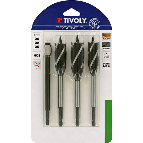 Tivoly – Lot de 4 forets à bois 4 taillants Ø 20 à 25mm – Queue hexagonale 6,35 – Rallonge incluse pour perçage précis