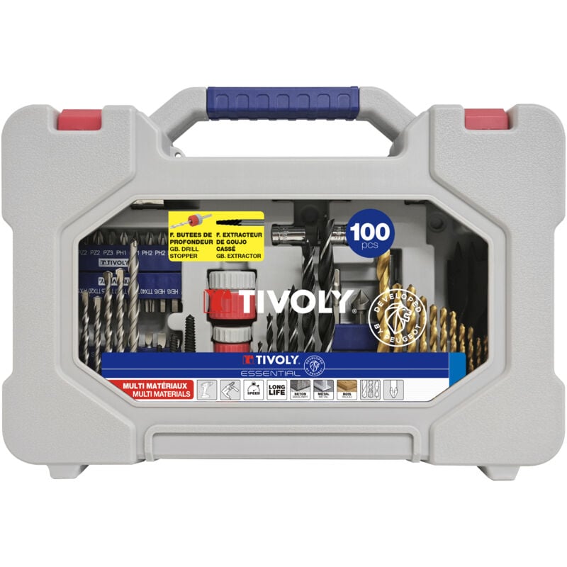 Coffret Forets + Embouts + Extracteurs - Mallette 100 Pièces : 14 Forets Métaux, 8 Forets Bois et 4 Mèches Bois, 7 Forets Béton, 4 Extracteurs, 50