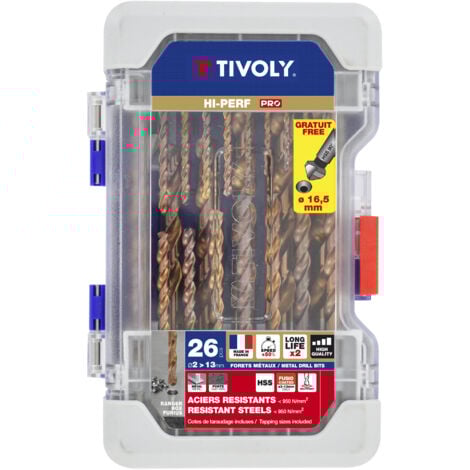 TIVOLY 26 Piezas • 25 Brocas Autocentrantes para Metal HSS Ø2mm a Ø13mm • Avellanador HSS Ø16,5mm • Larga Duración • Fabricado en Francia • Para Mecanizar Aceros Resistentes