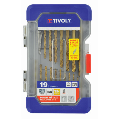 Tivoly • Ranger-Box 19 Stück – 18 TiN-beschichtete laminierte Metallbohrer Ø 2 bis 8 mm + 1 Stufenbohrer
