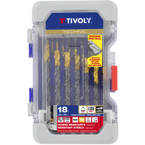 Tivoly • Ranger Caja de 18 brocas metálicas Technic HSS Steam Tin que contienen de ø2 a 10 mm