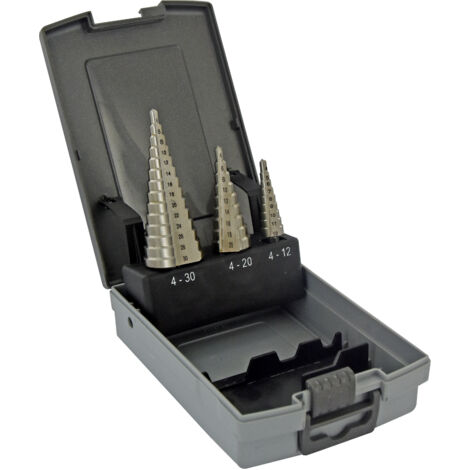 Tivoly • Scatola da 3 punte coniche a gradini HSS autocentranti • Scanalature diritte • Da Ø4mm a Ø12mm / da Ø4mm a Ø20mm / da Ø4mm a Ø30mm • Lunga durata • 3 codoli piatti • Per la lavorazione di acc