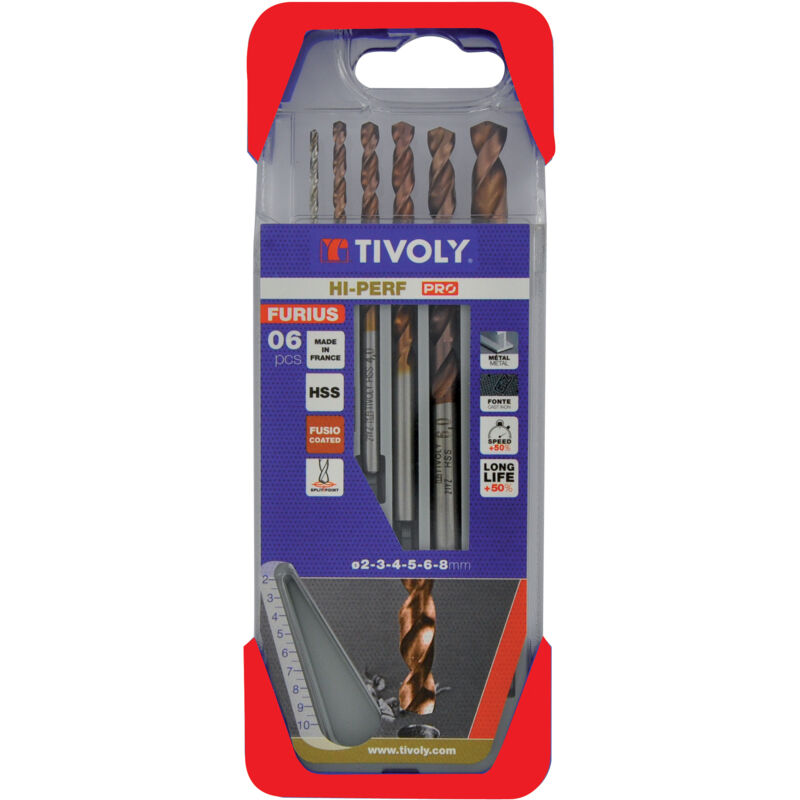 Tivoly - Estuche de 6 brocas para metal furius hss con recubrimiento fusio, punta en cruz, ø 2 a 8 mm, premium 11454170005
