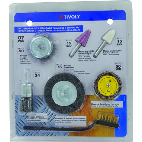 Tivoly • Set 7 Pezzi • Kit Spazzolatura e Levigatura • 4 Spazzole • 1 Ruota Lamellare Abrasiva • 2 Mole Smerigliatrici