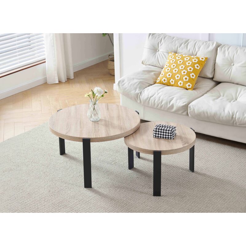 Deco In Paris - tiya - Lot de 2 tables basses rondes gigognes en bois et pieds métal noir tiya