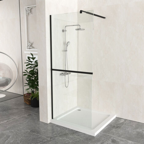 T&K 190cm Height Walk In Shower Screen Black Framed, 70cm Width, 6mm Tougheded Glass Safety Double-sided Easy Clean Glass With Telescopic Support Bar
