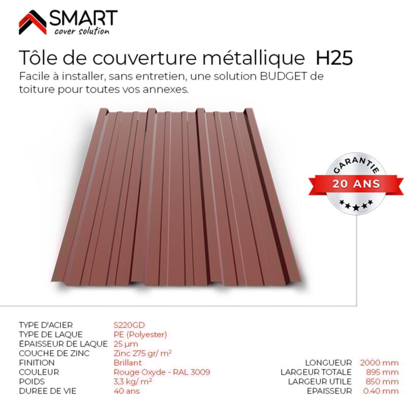 Tôle bac acier - Toiture - Couverture - plaque H25 Coloris Rouge Oxyde ral 3009 Dimensions 2000x895x0.40 mm