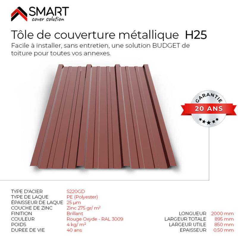 Tôle bac acier - Toiture - Couverture - plaque H25 Coloris Rouge Oxyde ral 3009 Dimensions 2000x895x0.50mm